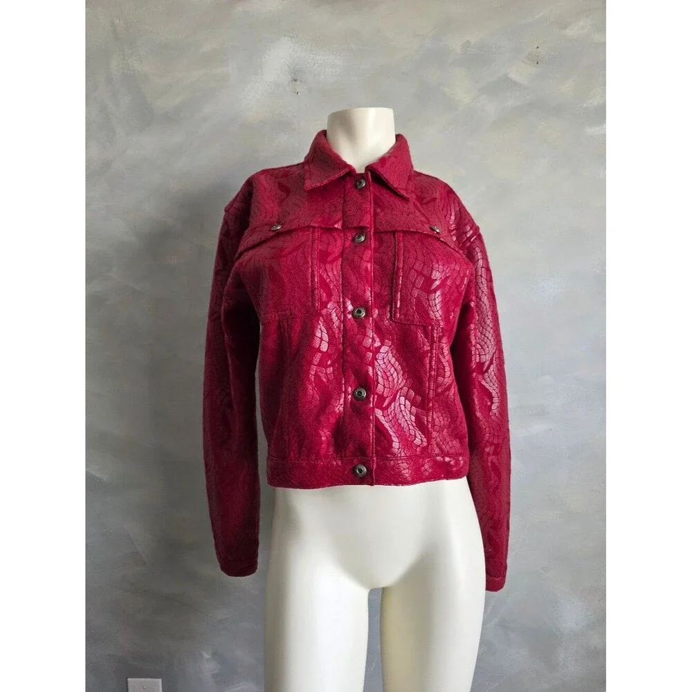Vtg Fubu Red Faux Leather Textured Print Shine Cropped Jacket Button Up Sz 9/10